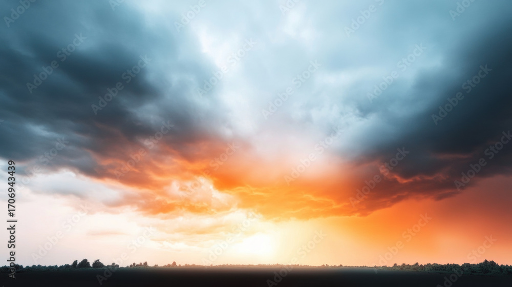 Fototapeta premium Dramatic sky stormy clouds cosmic light glowing horizon vibrant sunset landscape nature moody atmosphere silhouette peaceful