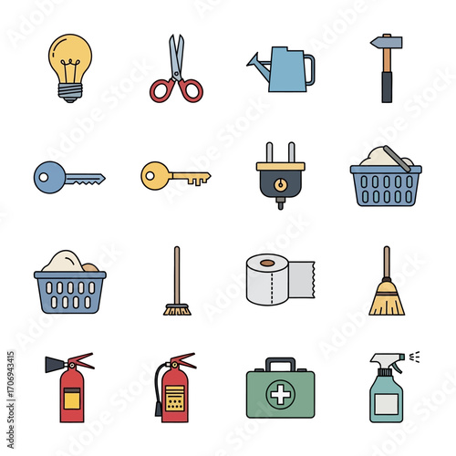 Household Objects and Tools Icon Set.