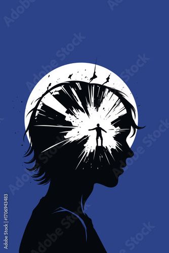Abstract illustration of mental trauma and inner explosion – silhouette head with human figure inside mind