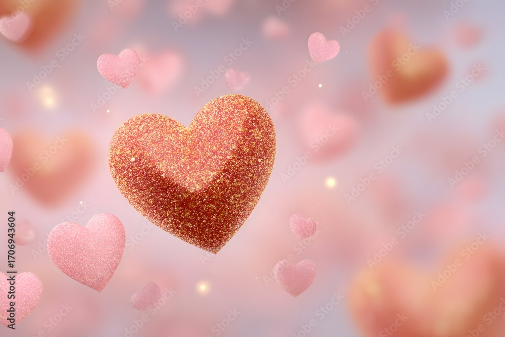 Obraz premium Sparkling pink heart with glitter surrounded by soft floating hearts.