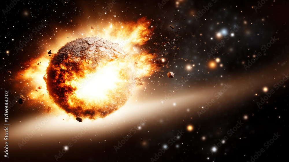 Fototapeta premium Exploding planet in deep space with fiery debris and cosmic dust, dramatic energy and destruction, surrounded by distant stars and glowing nebula, evoking awe and wonder