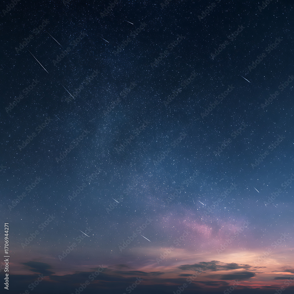 Fototapeta premium Distant shooting stars streak across a vast, starry night sky with a hint of twilight glow.