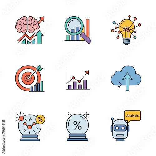 Set of nine colorful icons representing business, data analysis, and technology concepts.