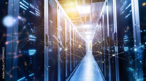 Server room with illuminated racks and network connections in a data center