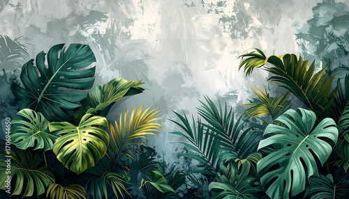 Tropical leaves wallpaper on a gray textured background