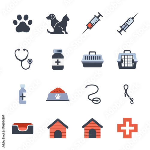 Veterinary care and pet supplies icon set.