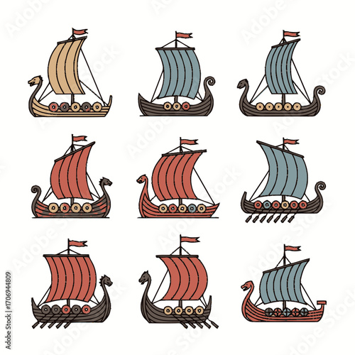 Collection of Nine Stylized Viking Longships with Colorful Sails and Decorative Shields.
