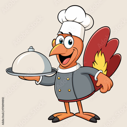 Cartoon turkey chef holding platter illustration for thanksgiving cooking and restaurant menu design concept