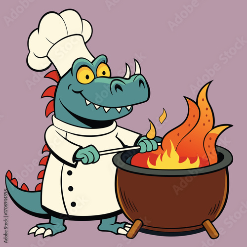 Cartoon dinosaur chef cooking food over fire in a pot vector illustration for kids and adults alike