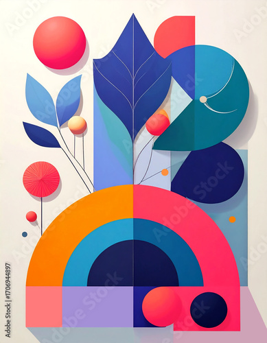 Vibrant geometric abstraction with bold shapes, circles, and stylized botanical leaves. A contemporary and colorful composition. Generative AI.

