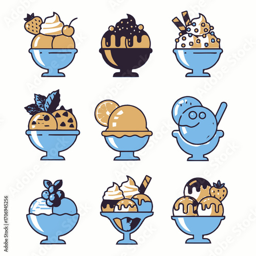Assorted Ice Cream Sundaes in Blue Bowls with Toppings Illustration.