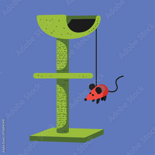 A green cat tree with a mouse toy hanging from it stands against a blue background, providing entertainment and scratching surfaces for a feline companion.