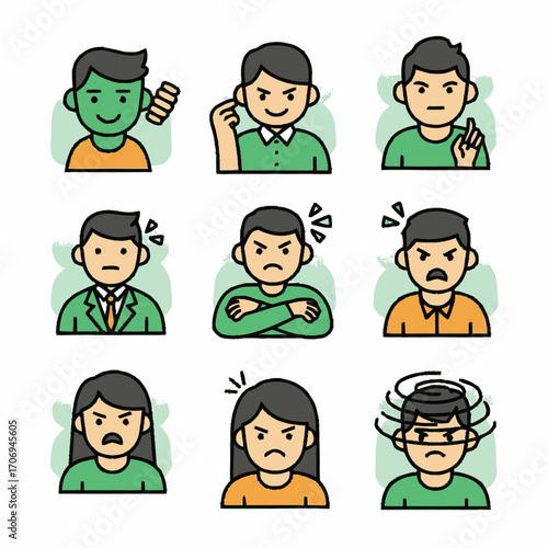 Cartoon Faces Expressing Various Emotions Anger Confusion Happiness and Frustration.