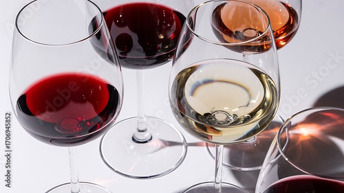 Assorted wine glasses filled with red rosé and white wines on neutral background