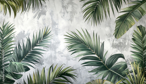 wallpaper with Lush Tropical Palm Leaves on a Textured Gray Background.
