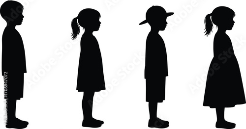 Silhouette of children standing, boy and girl in profile view, kids wearing dress and cap, childhood, school, education, family illustration