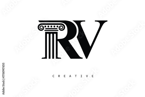 RV Law Prime Monogram Logo Design Classic Column & Legal Symbol
