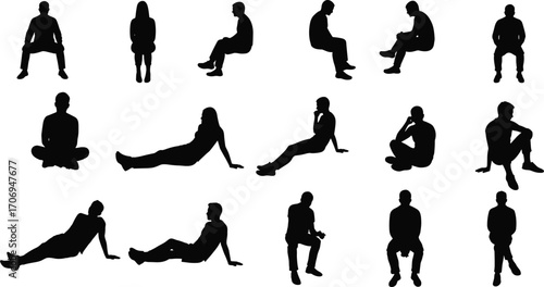 Silhouette of people sitting and relaxing in various poses, man and woman figures, black vector illustration, casual lifestyle design collection