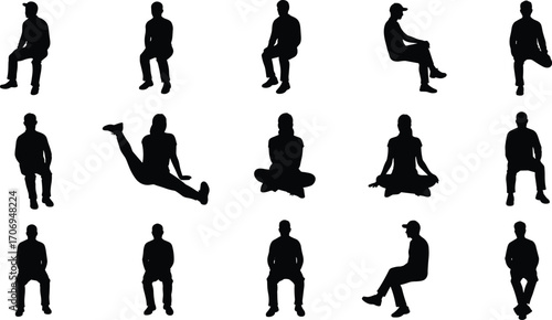 Silhouette of people sitting in different poses, men and women figures, black vector illustration, casual lifestyle, body shape design collection