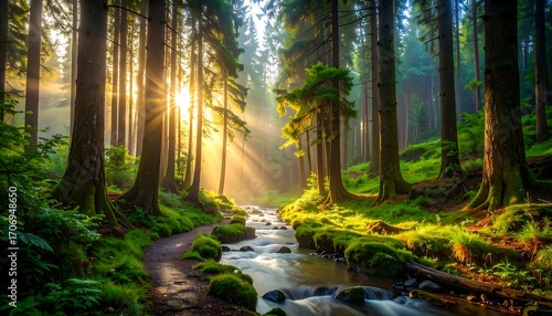 Fototapeta Naklejka Na Ścianę i Meble -  Sunrise streams through a misty forest