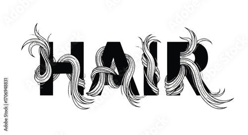 Stylized graphic design of the word "HAIR" with decorative hair strands.
