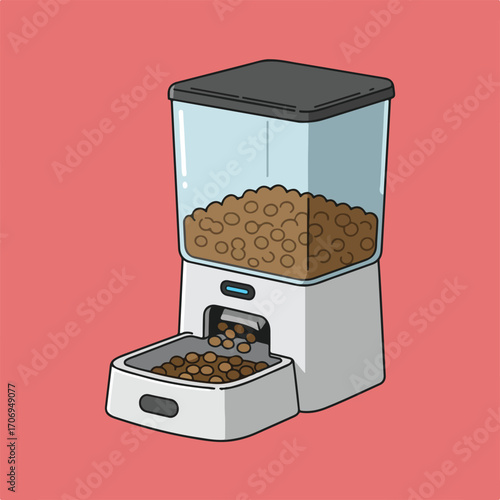 An illustration depicts a modern gray and white automatic pet food dispenser filled with kibble against a solid pink background.