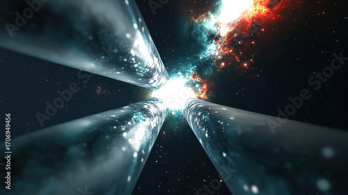 Three metallic pillars extend into glowing cosmic tunnel, surrounded by vibrant nebula and stars, creating surreal, futuristic, and awe inspiring space scene