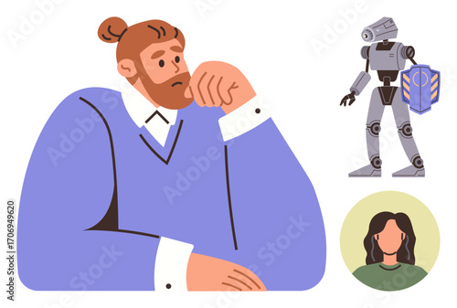 Bearded man reflecting on technology, AI robot with shield, and female profile. Ideal for decision-making, AI ethics, technology impact, human-machine collaboration, innovation, futuristic design