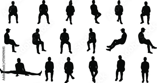 Silhouette of people sitting in various poses, men and women black figures, casual lifestyle design, vector illustration, human body shapes