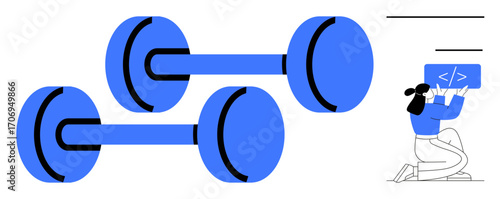 Two blue dumbbells paired with a woman coding on her laptop. Ideal for fitness, technology, work-life balance, productivity, lifestyle, self-improvement, minimalist design, and simple landing page