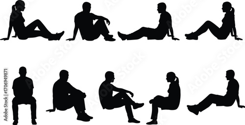Silhouette people sitting on ground, men and women in casual poses, shadow human figures isolated on white background, relaxing sitting collection