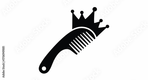 A black silhouette of a comb with a crown on top, symbolizing royalty and hair care.
