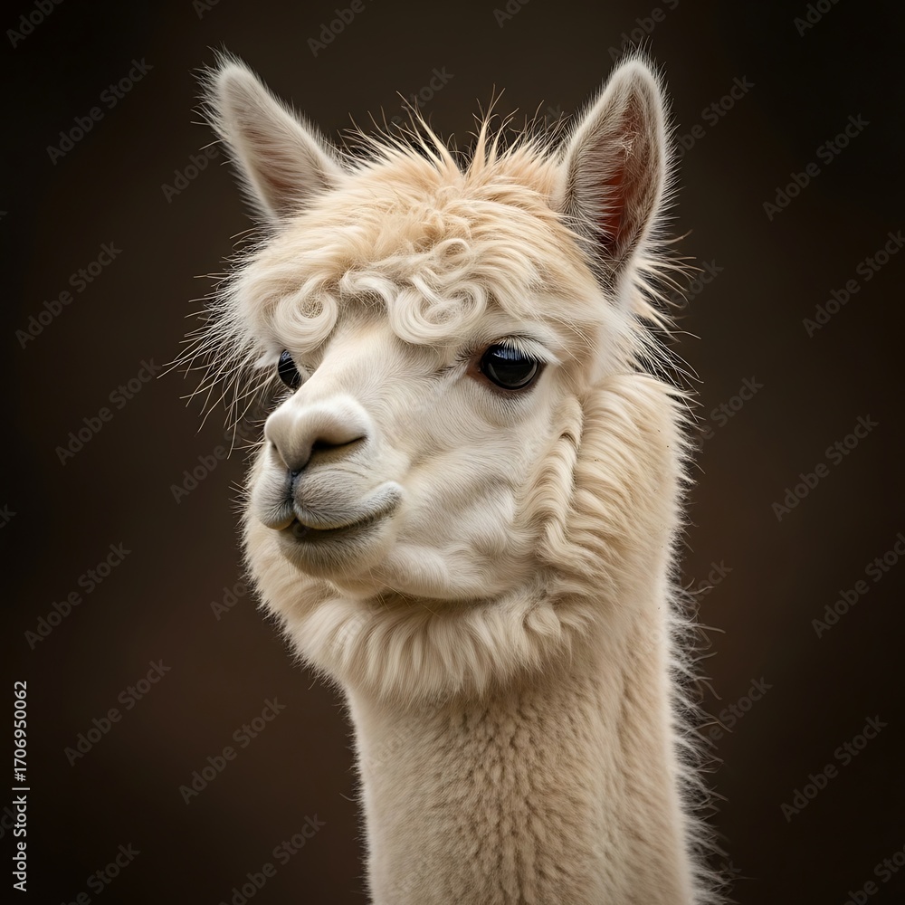 Obraz premium Close-up portrait of a fluffy, creamy-white alpaca with a distinctive textured hairstyle, showcasing its gentle and curious expression against a deep brown backdrop.