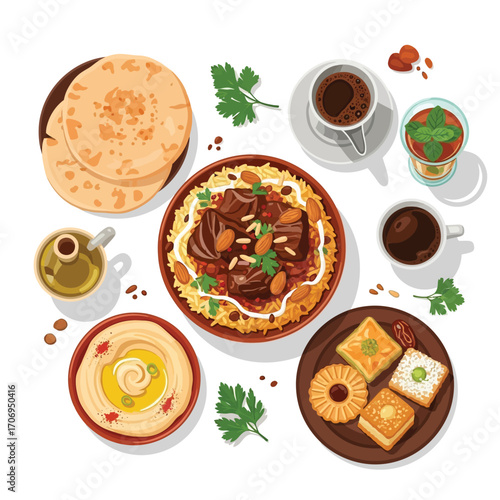 Traditional Middle Eastern Feast Savory dishes, sweet pastries, hummus, flatbread, coffee, and mint tea spread