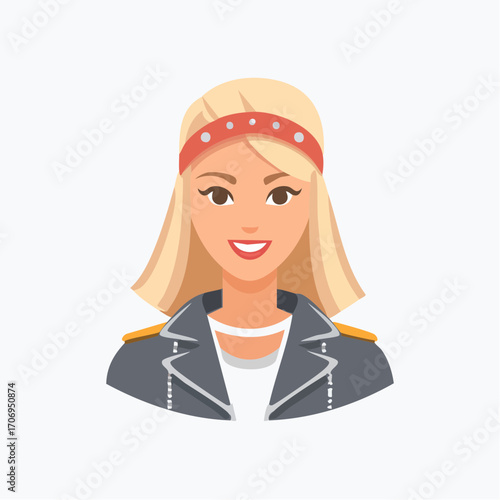 Confident young woman with blonde hair and fashionable jacket exudes modern style and youthful energy