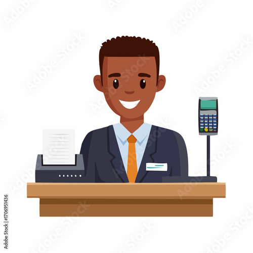 Smiling cashier at a counter, ready to process transactions and provide excellent service to customers