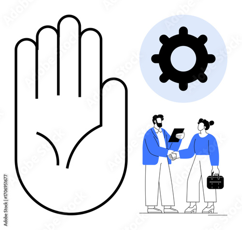 Open hand beside a gear and two people shaking hands teamwork, collaboration, partnership, organization, support, productivity, business connection. Ideal for teamwork concepts, simple flat metaphor