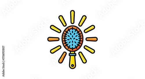 A colorful cartoon illustration of a shining hairbrush with blue bristles and a yellow handle, radiating light like a sun.