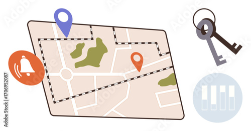Navigation map with marked locations, keys symbolizing access, alert icon for notifications, and analytics bar chart. Ideal for navigation, security, real estate, planning, travel alerts