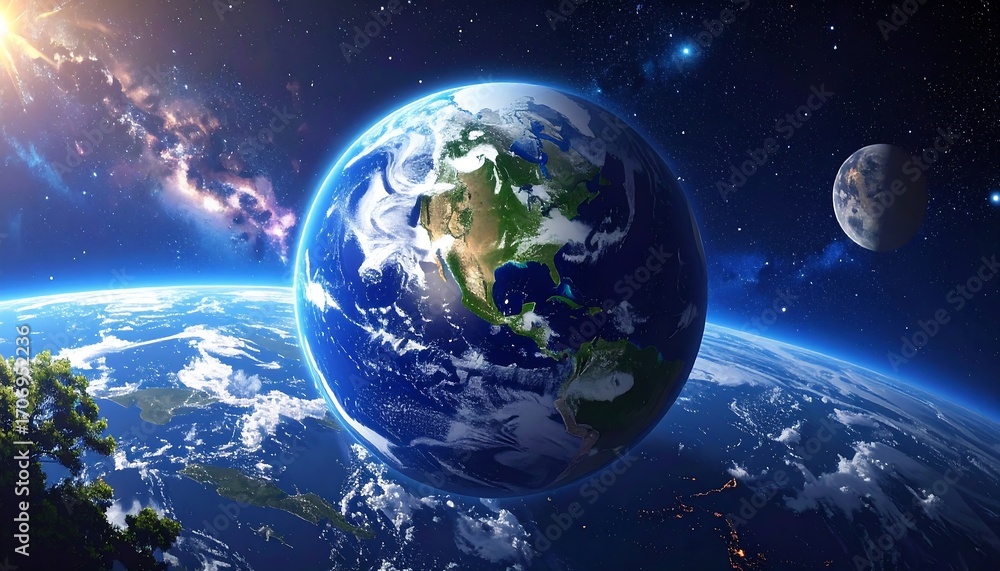 Obraz premium A detailed view of planet Earth and the moon in a vibrant galaxy backdrop with stars, nebulas, and sunlight