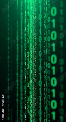 Binary code sequences cascade downward in a deep green color scheme, creating a technological aesthetic.