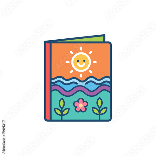 A happy sun above wavy ocean and plants.