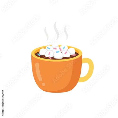 A warm orange mug of hot chocolate with marshmallows.
