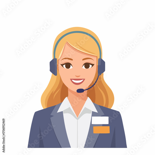 Smiling customer service representative wearing headset ready to assist clients with a positive attitude