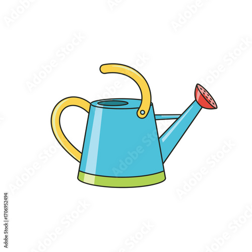 Blue watering can with yellow handle and red spout for gardening.