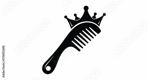 Black silhouette of a wide-tooth comb with a crown on top, against a clean white background, conveying a sense of royalty and hair care on National Hair Day.