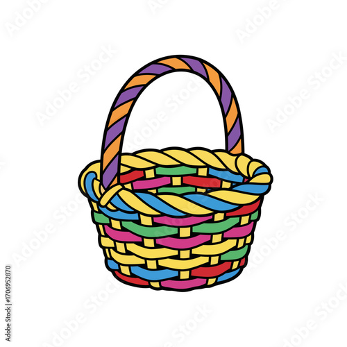 Colorful woven basket with a sturdy handle.