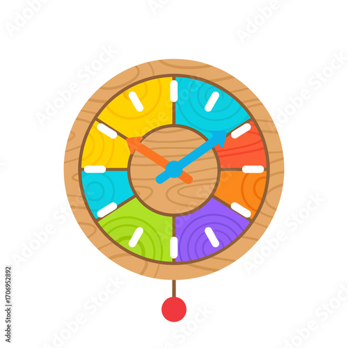 Colorful wooden toy clock with a pendulum illustration.