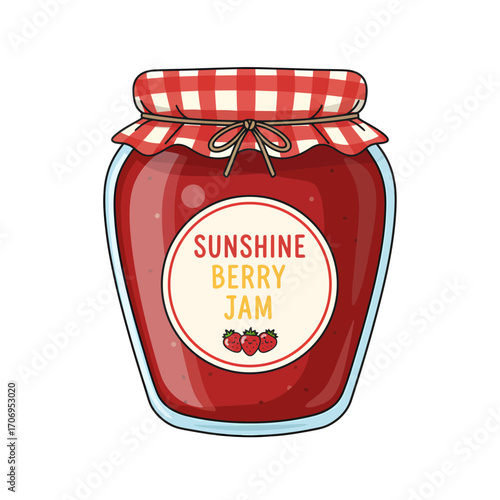 Jar of Sunshine Berry Jam with Checkered Cloth Cover.