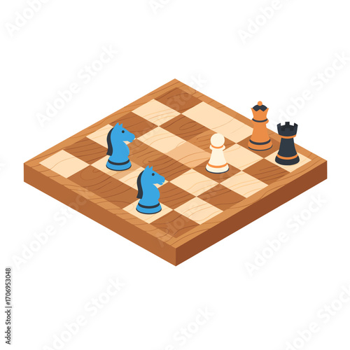 Isometric wooden chessboard with blue knights and other pieces.